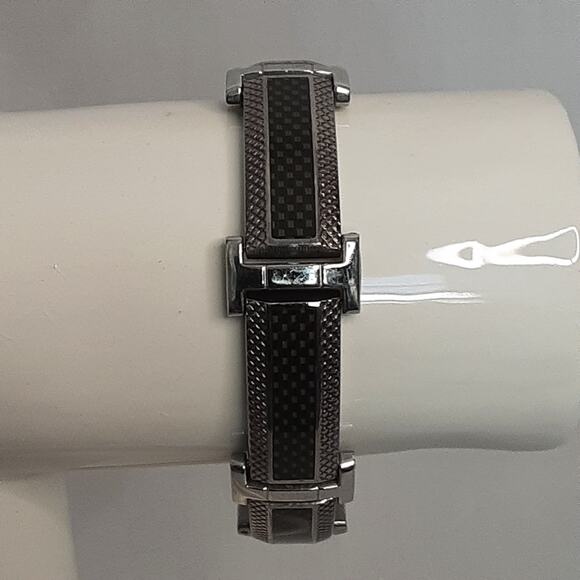 Heavy Duty Steel Bracelet And Black Long Panel Links Fold Over Clasp - Picture 4 of 7